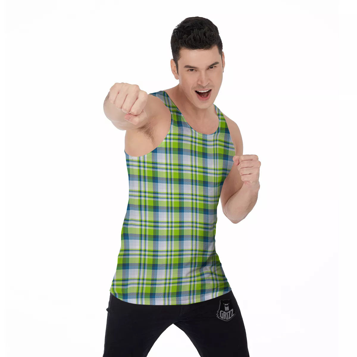 Blue Madras Plaid And Lime Print Pattern Men's Tank Top-grizzshop