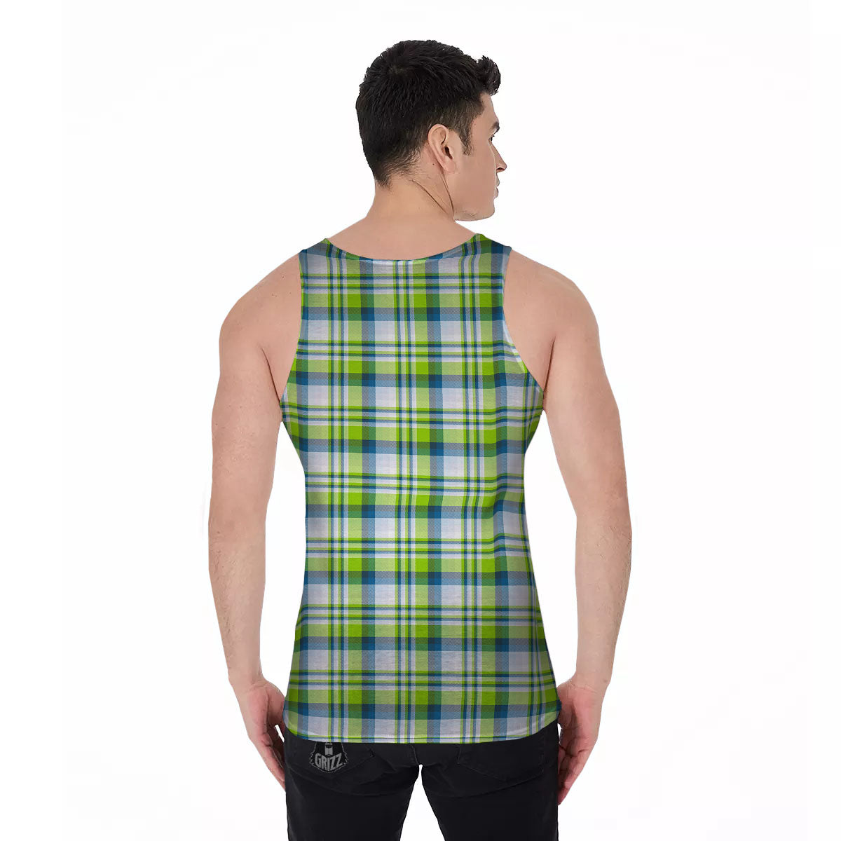 Blue Madras Plaid And Lime Print Pattern Men's Tank Top-grizzshop