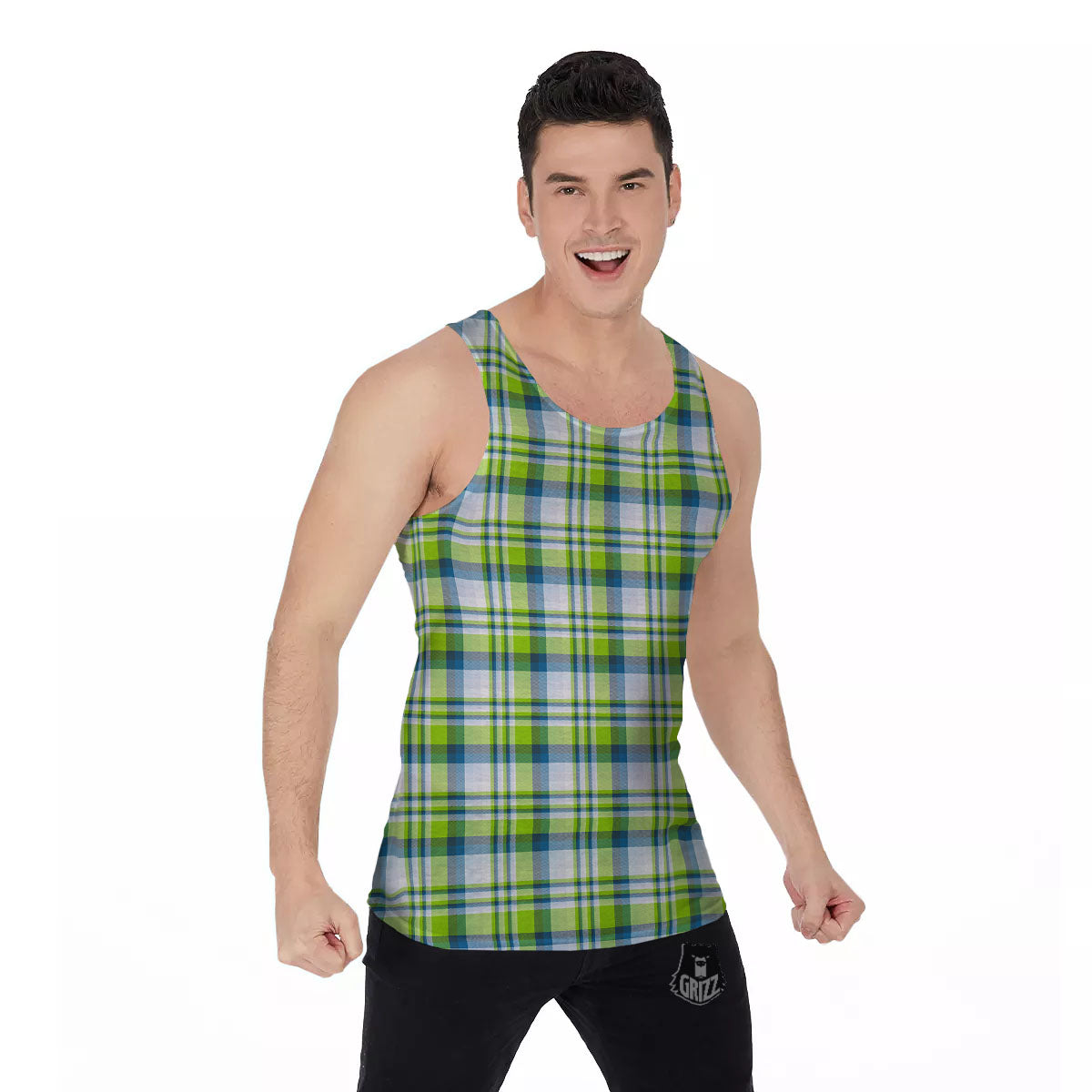 Blue Madras Plaid And Lime Print Pattern Men's Tank Top-grizzshop