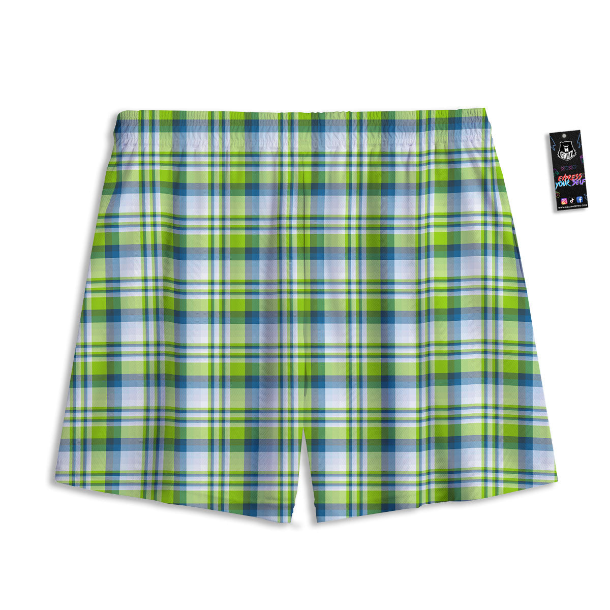 Blue Madras Plaid And Lime Print Pattern Mesh Shorts