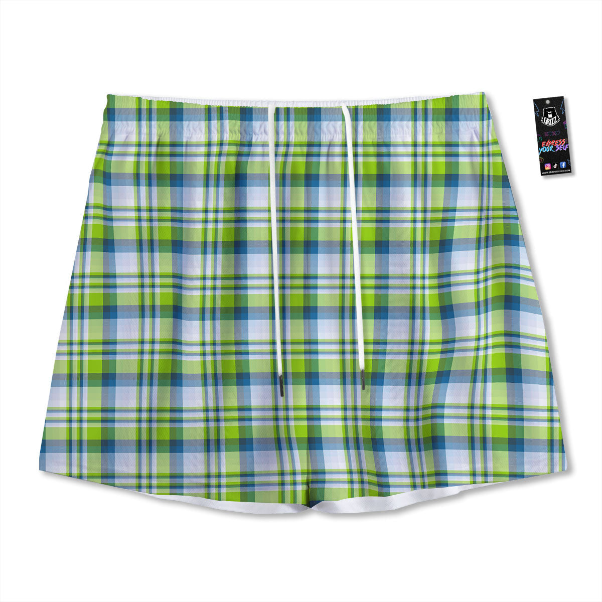 Blue Madras Plaid And Lime Print Pattern Mesh Shorts