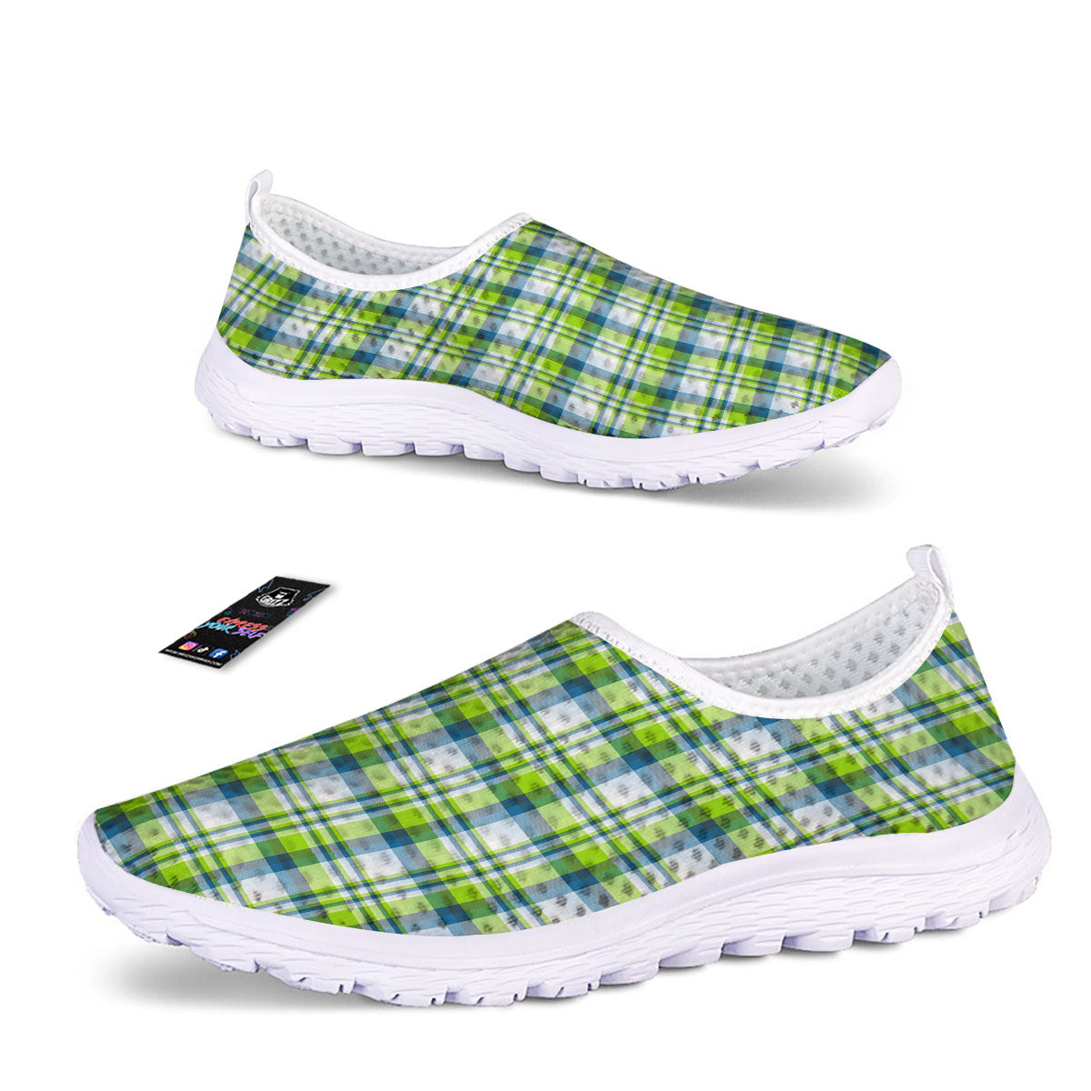 Blue Madras Plaid And Lime Print Pattern Nurse Shoes-grizzshop