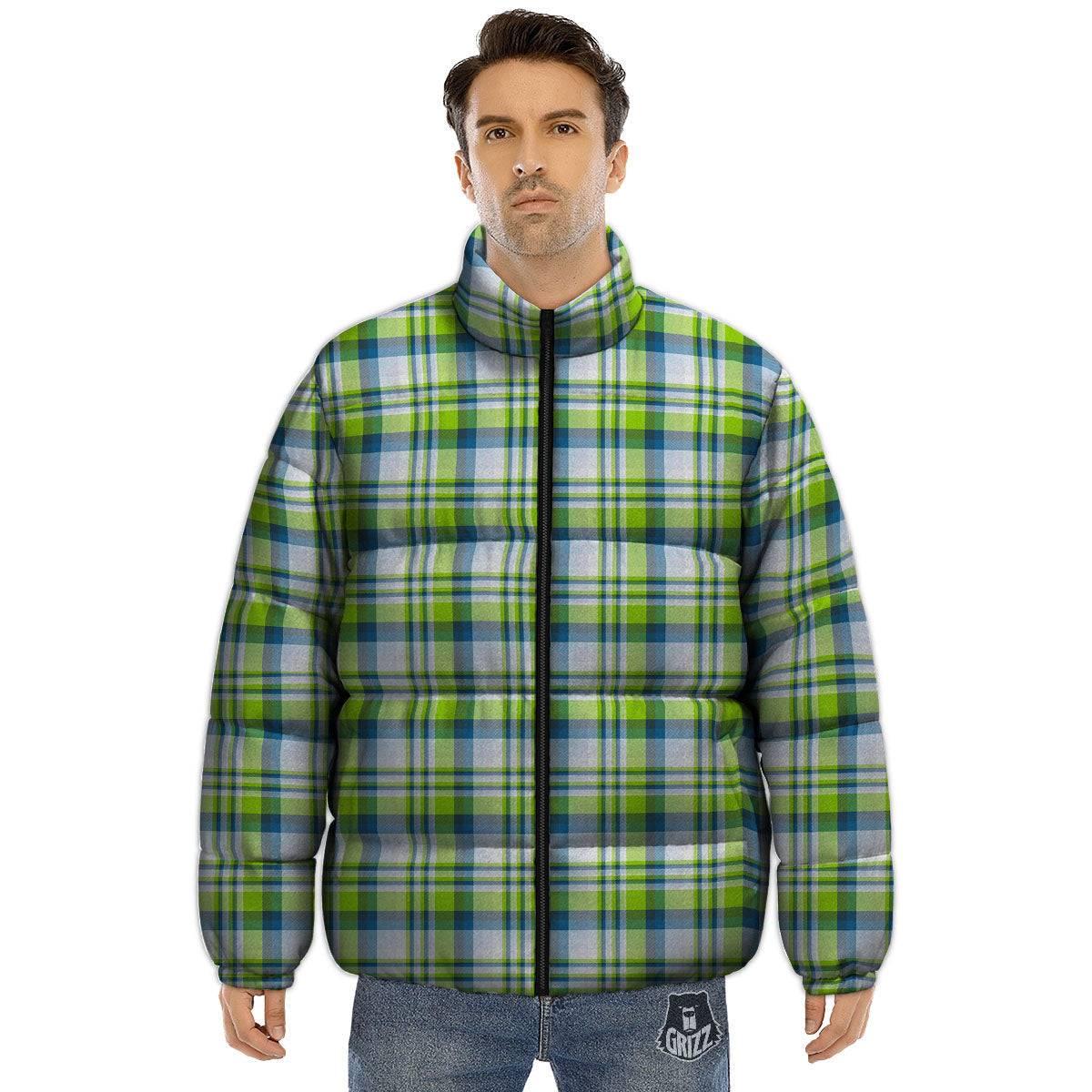 Blue Madras Plaid And Lime Print Pattern Puffer Jacket-grizzshop