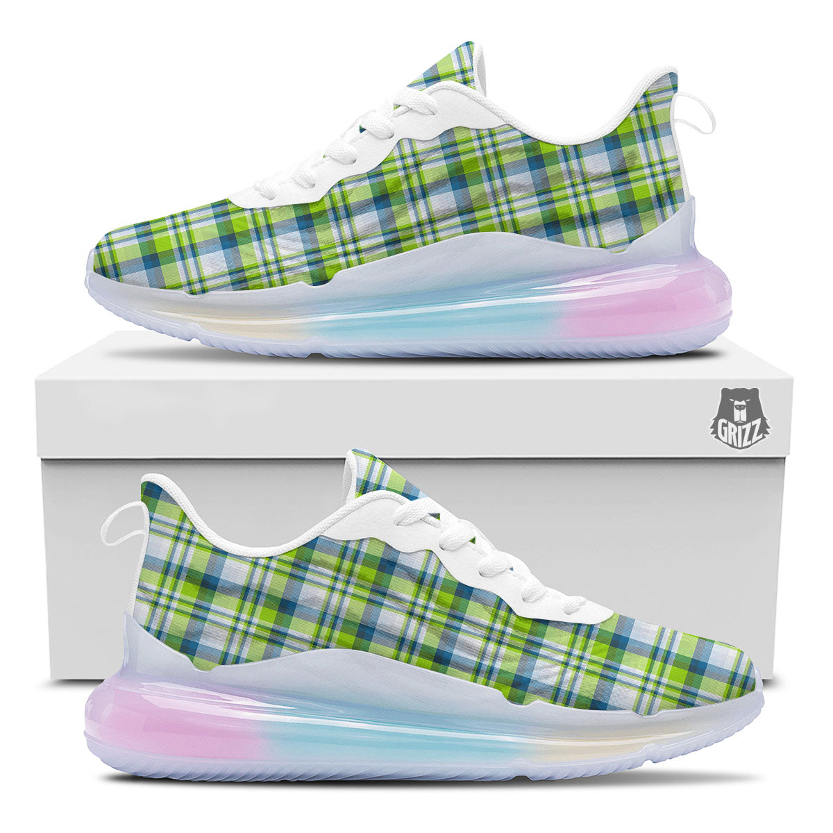 Blue Madras Plaid And Lime Print Pattern Running Sneakers-grizzshop