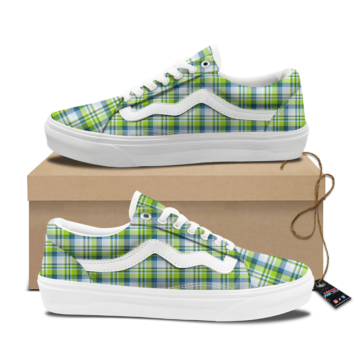 Blue Madras Plaid And Lime Print Pattern Skate Shoes-grizzshop