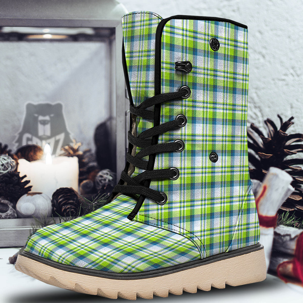 Blue Madras Plaid And Lime Print Pattern Snow Boots-grizzshop
