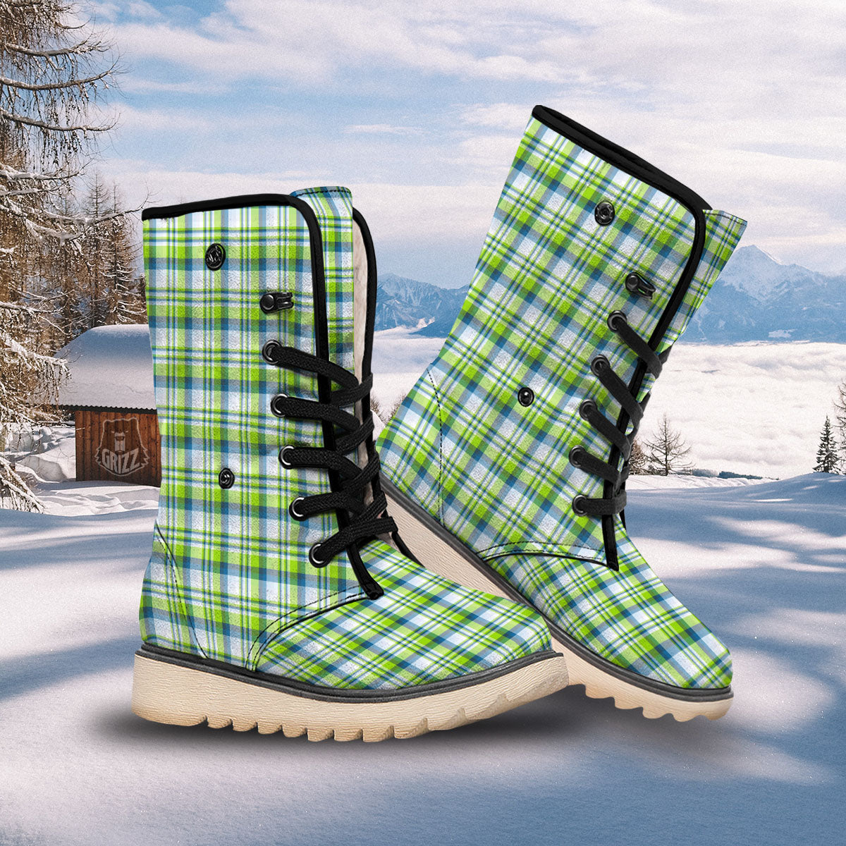 Blue Madras Plaid And Lime Print Pattern Snow Boots-grizzshop