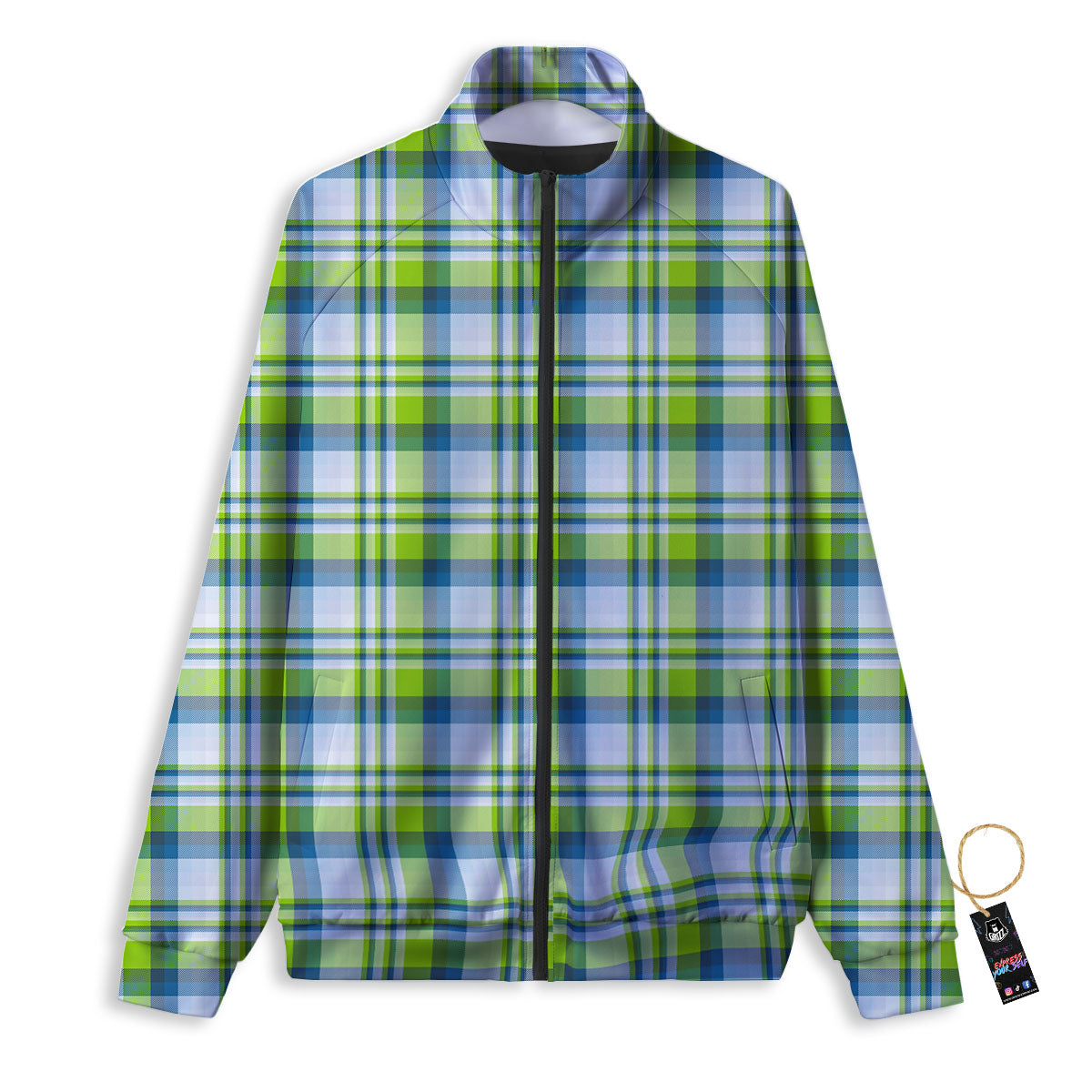 Blue Madras Plaid And Lime Print Pattern Track Jacket-grizzshop