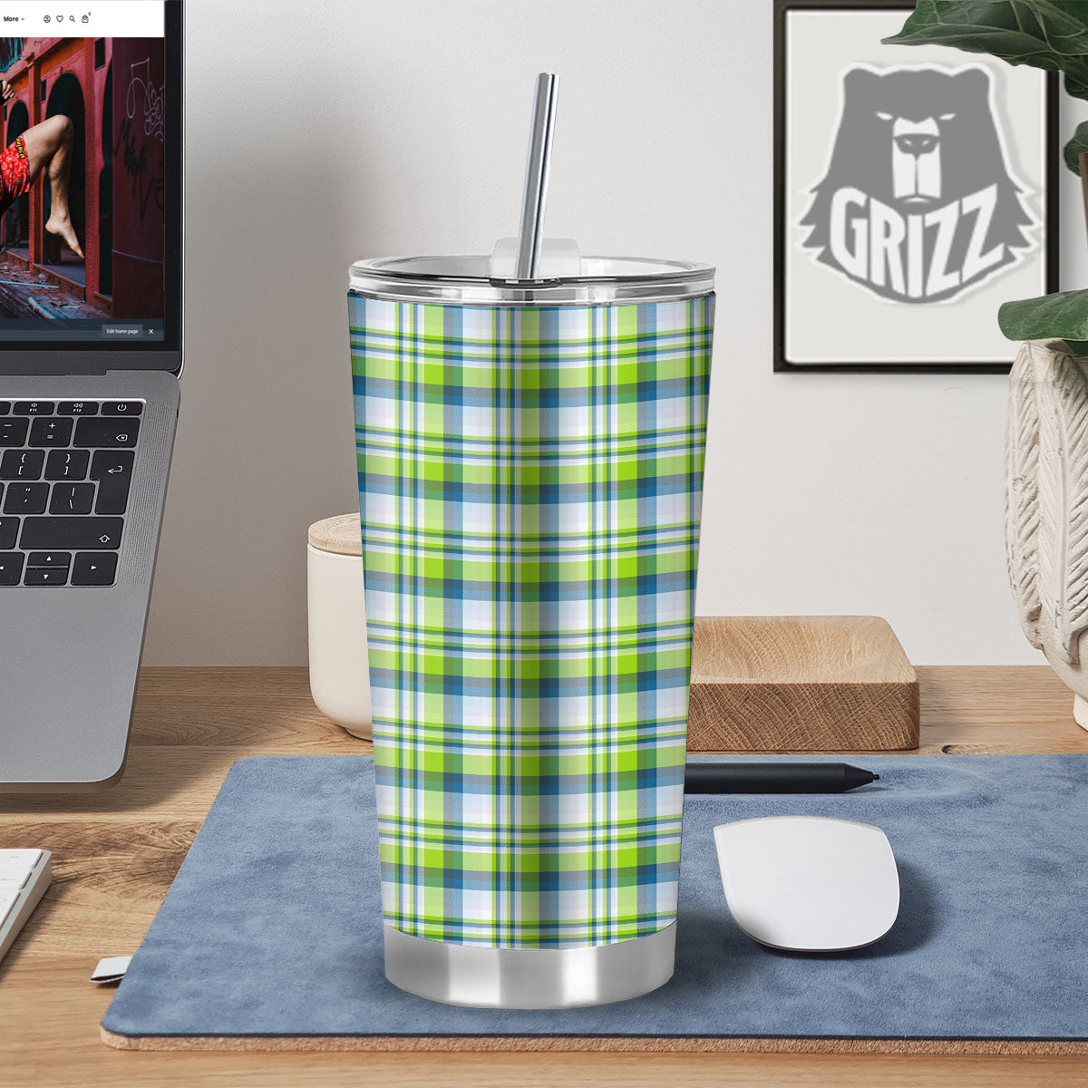 Blue Madras Plaid And Lime Print Pattern Tumbler-grizzshop