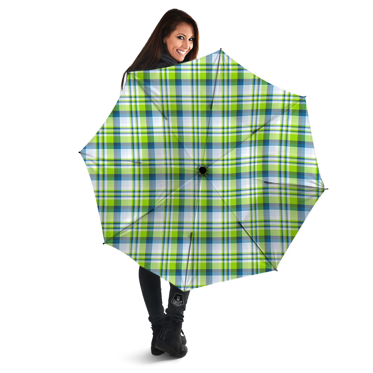 Blue Madras Plaid And Lime Print Pattern Umbrella-grizzshop