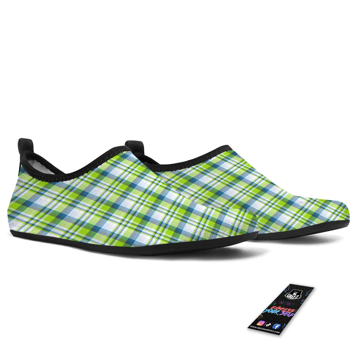 Blue Madras Plaid And Lime Print Pattern Water Shoes-grizzshop