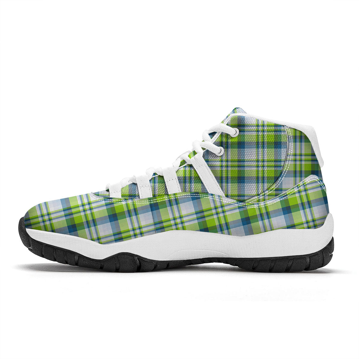 Blue Madras Plaid And Lime Print Pattern White Bball Shoes-grizzshop