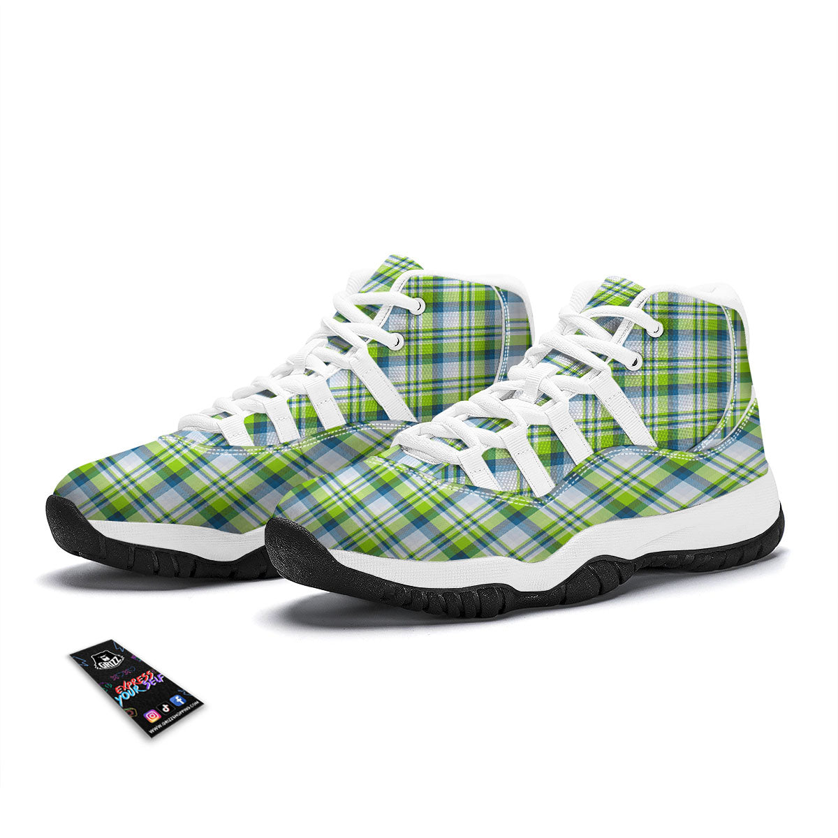 Blue Madras Plaid And Lime Print Pattern White Bball Shoes-grizzshop
