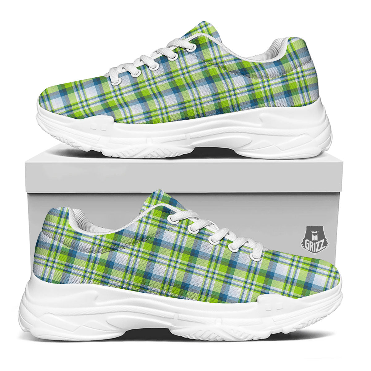 Blue Madras Plaid And Lime Print Pattern White Chunky Shoes-grizzshop