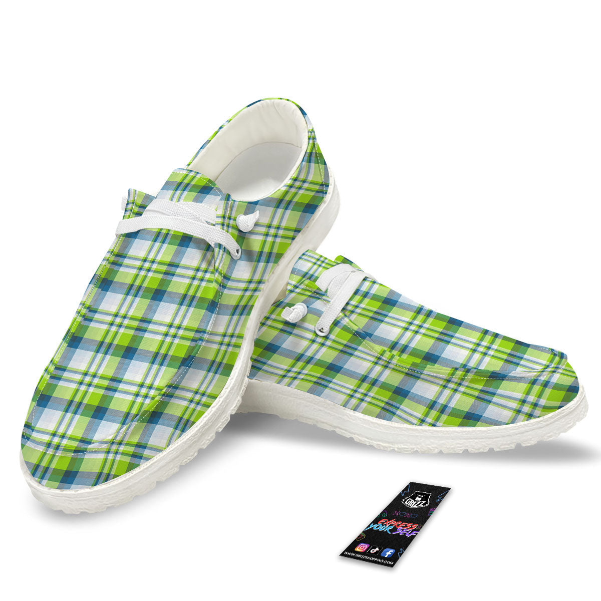 Blue Madras Plaid And Lime Print Pattern White Loafers-grizzshop
