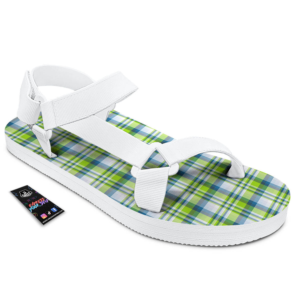 Blue Madras Plaid And Lime Print Pattern White Open Toe Sandals-grizzshop