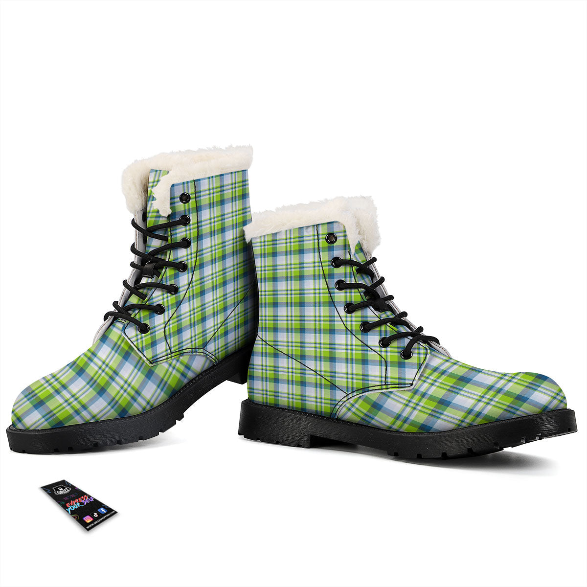 Blue Madras Plaid And Lime Print Pattern Winter Boots-grizzshop