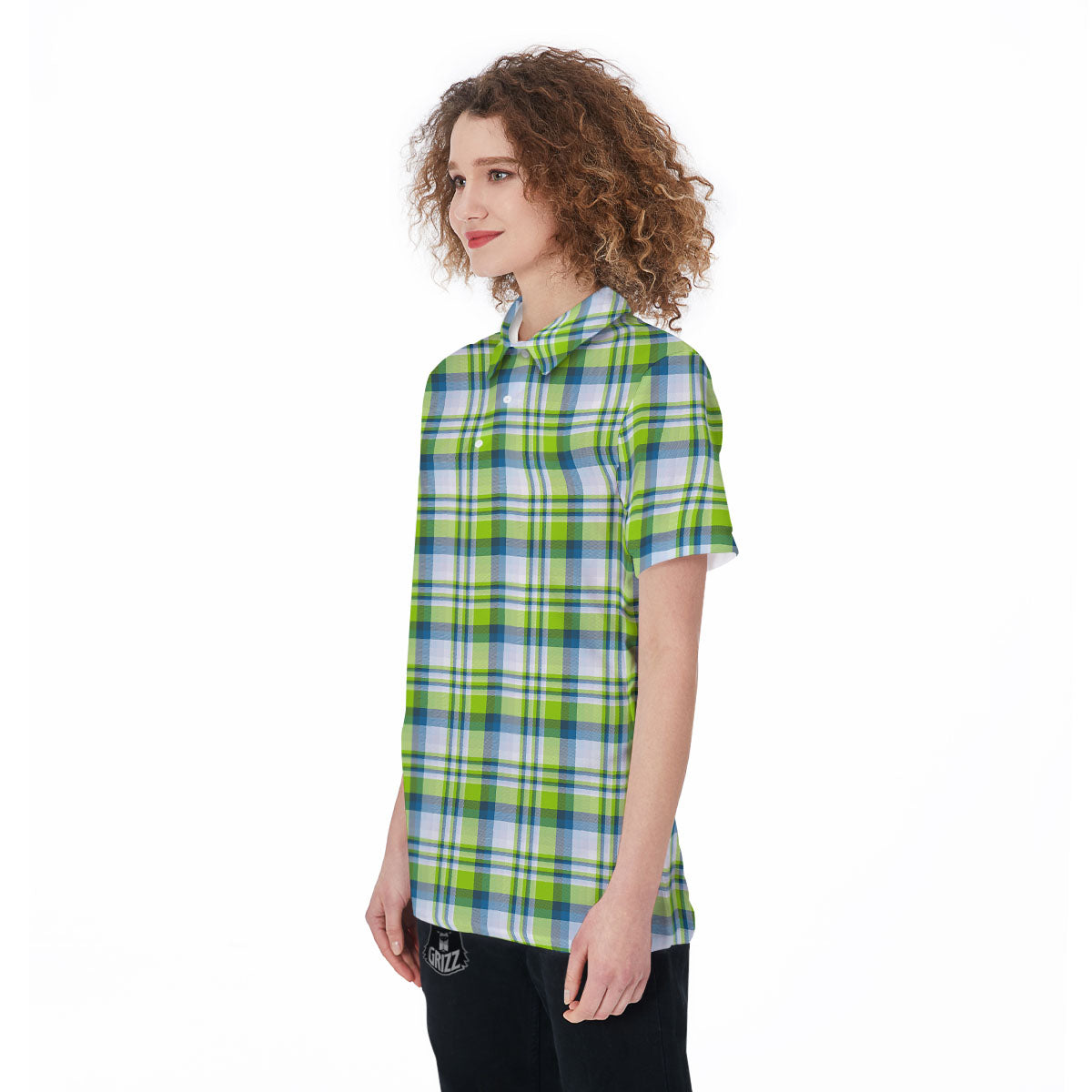 Blue Madras Plaid And Lime Print Pattern Women's Golf Shirts-grizzshop