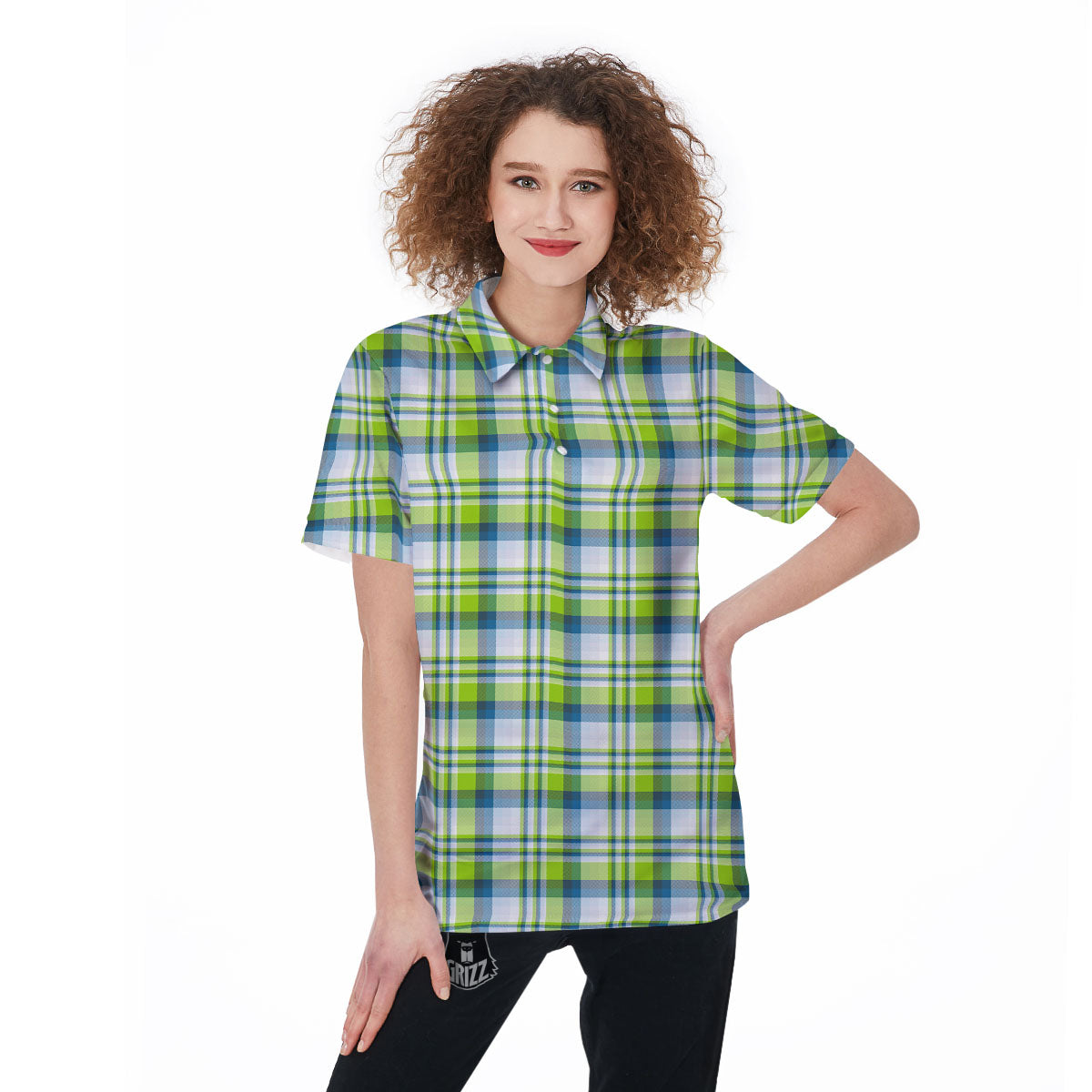 Blue Madras Plaid And Lime Print Pattern Women's Golf Shirts-grizzshop