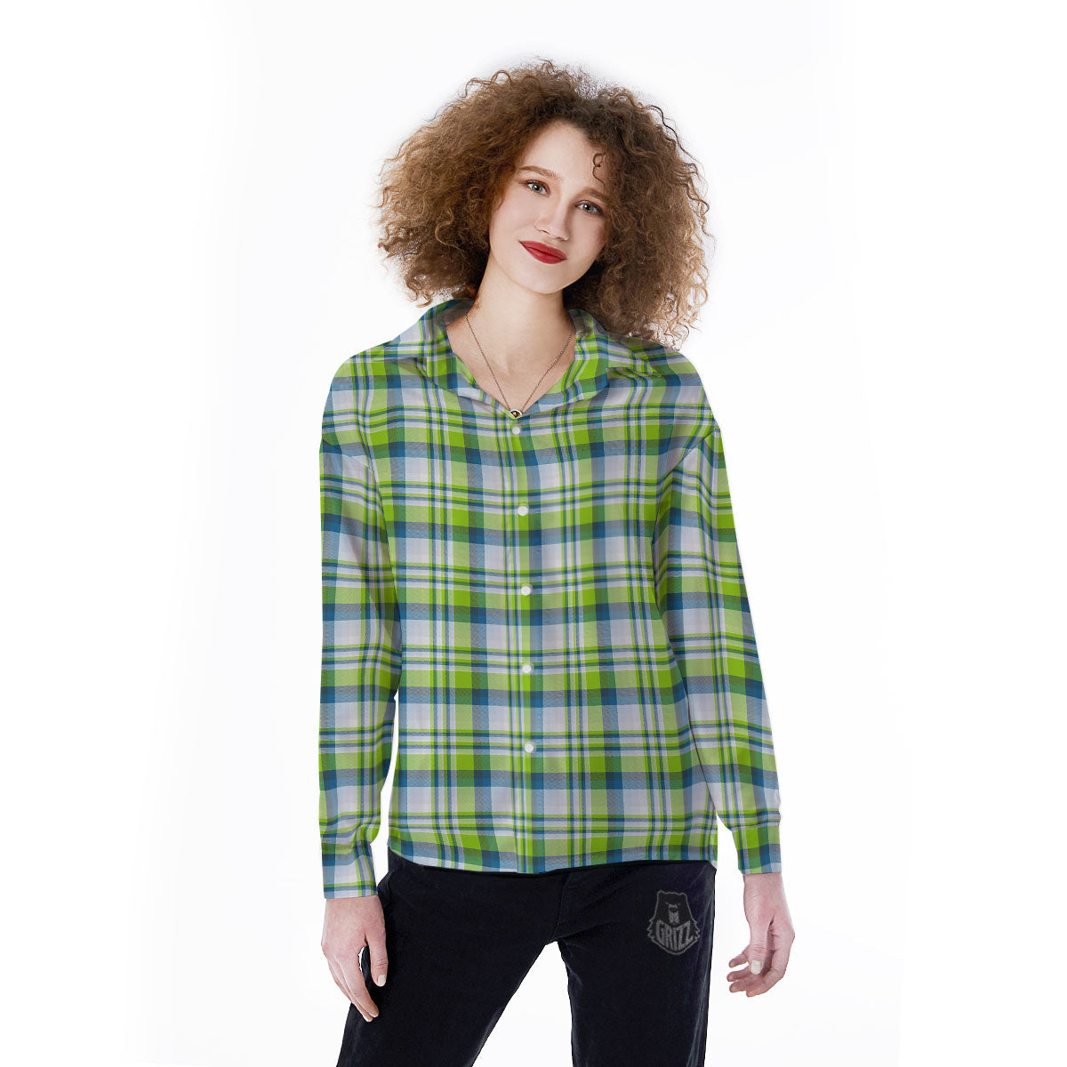 Blue Madras Plaid And Lime Print Pattern Women's Long Sleeve Shirts-grizzshop