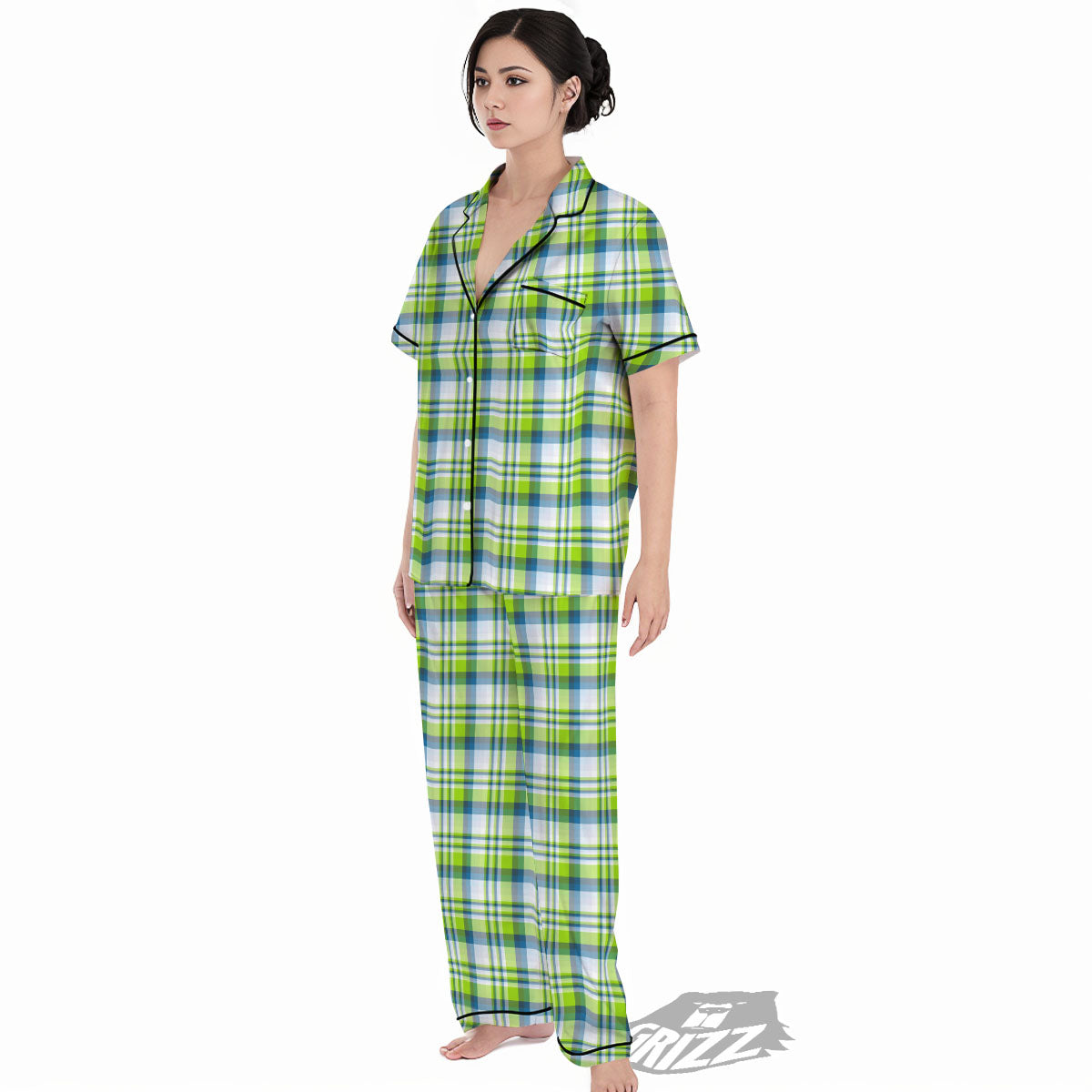 Blue Madras Plaid And Lime Print Pattern Women's Pajamas Set-grizzshop
