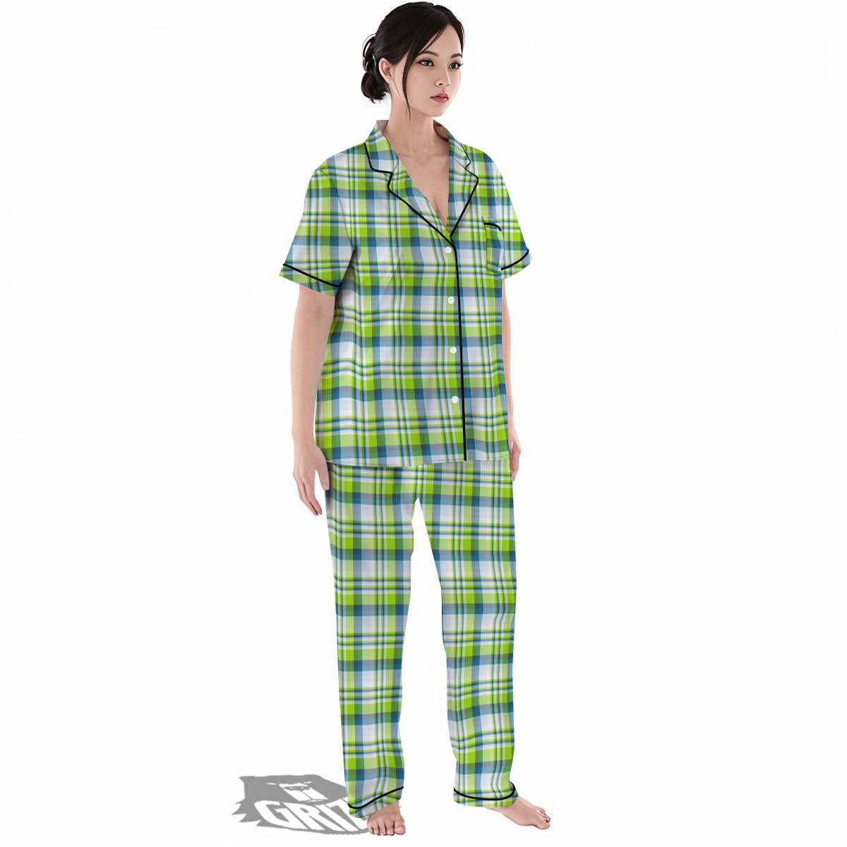 Blue Madras Plaid And Lime Print Pattern Women's Pajamas Set-grizzshop