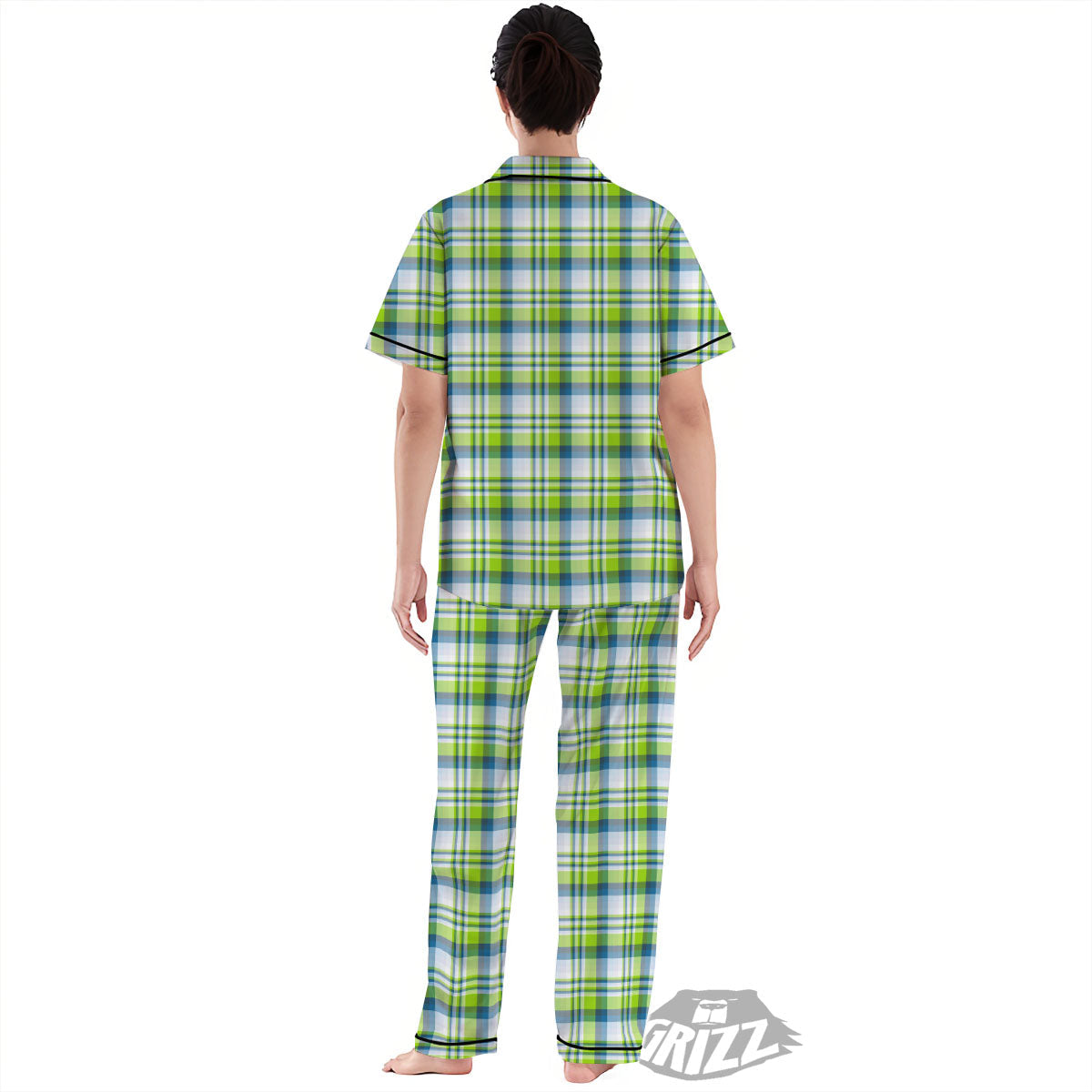 Blue Madras Plaid And Lime Print Pattern Women's Pajamas Set-grizzshop