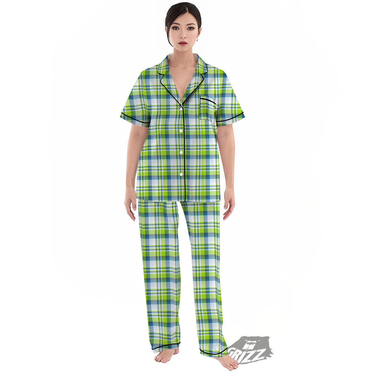 Blue Madras Plaid And Lime Print Pattern Women's Pajamas Set-grizzshop