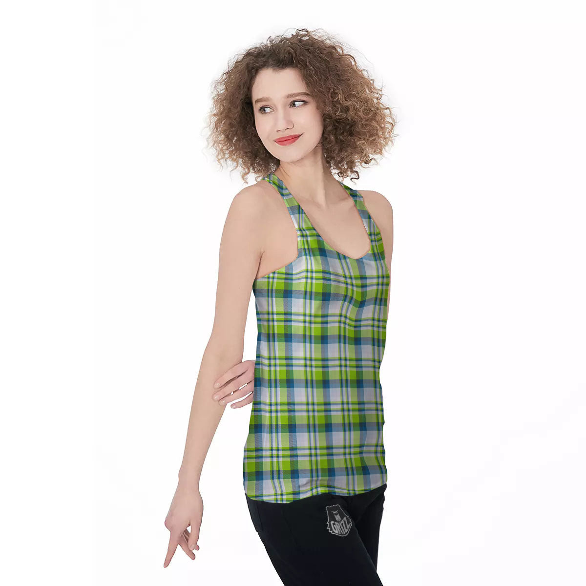 Blue Madras Plaid And Lime Print Pattern Women's Racerback Tank Top-grizzshop