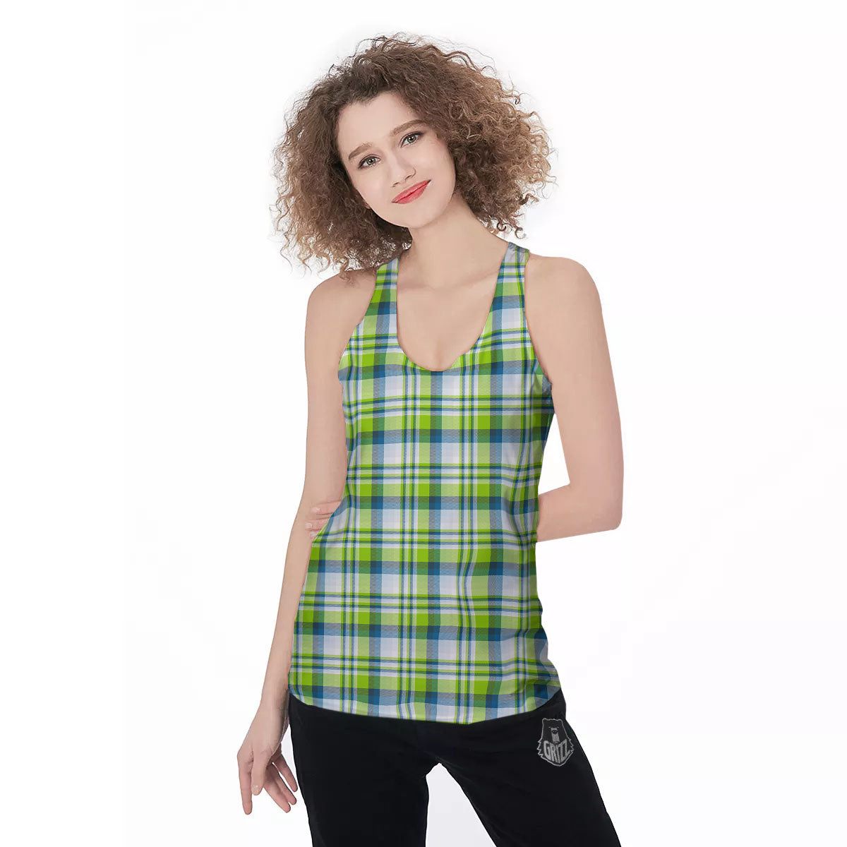 Blue Madras Plaid And Lime Print Pattern Women's Racerback Tank Top-grizzshop