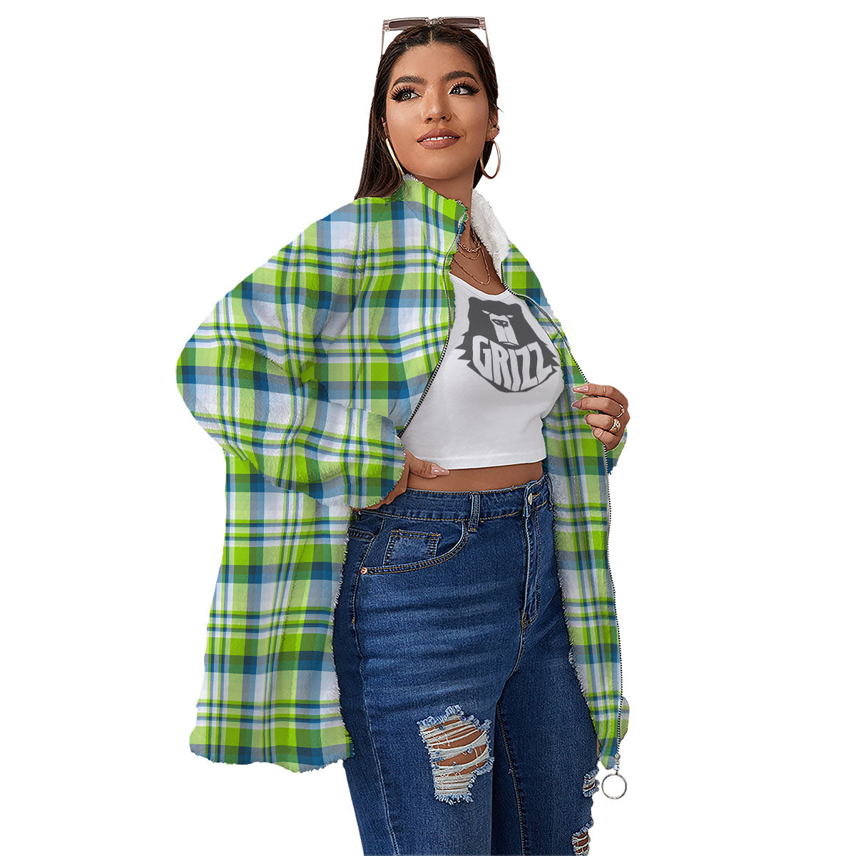 Blue Madras Plaid And Lime Print Pattern Women's Sherpa Jacket-grizzshop