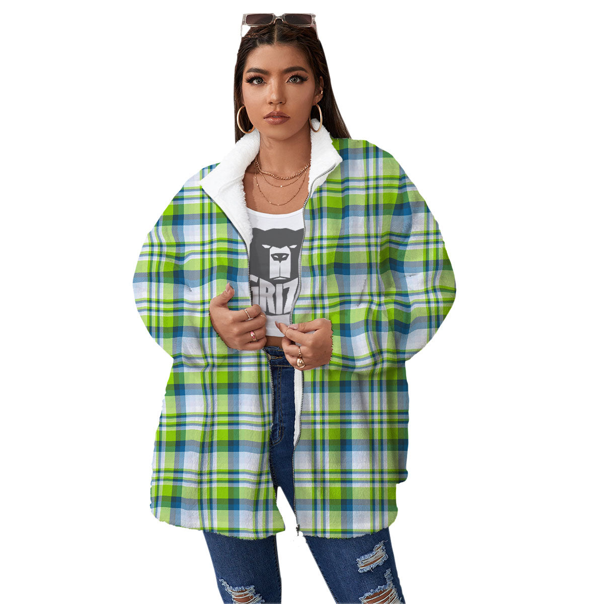 Blue Madras Plaid And Lime Print Pattern Women's Sherpa Jacket-grizzshop