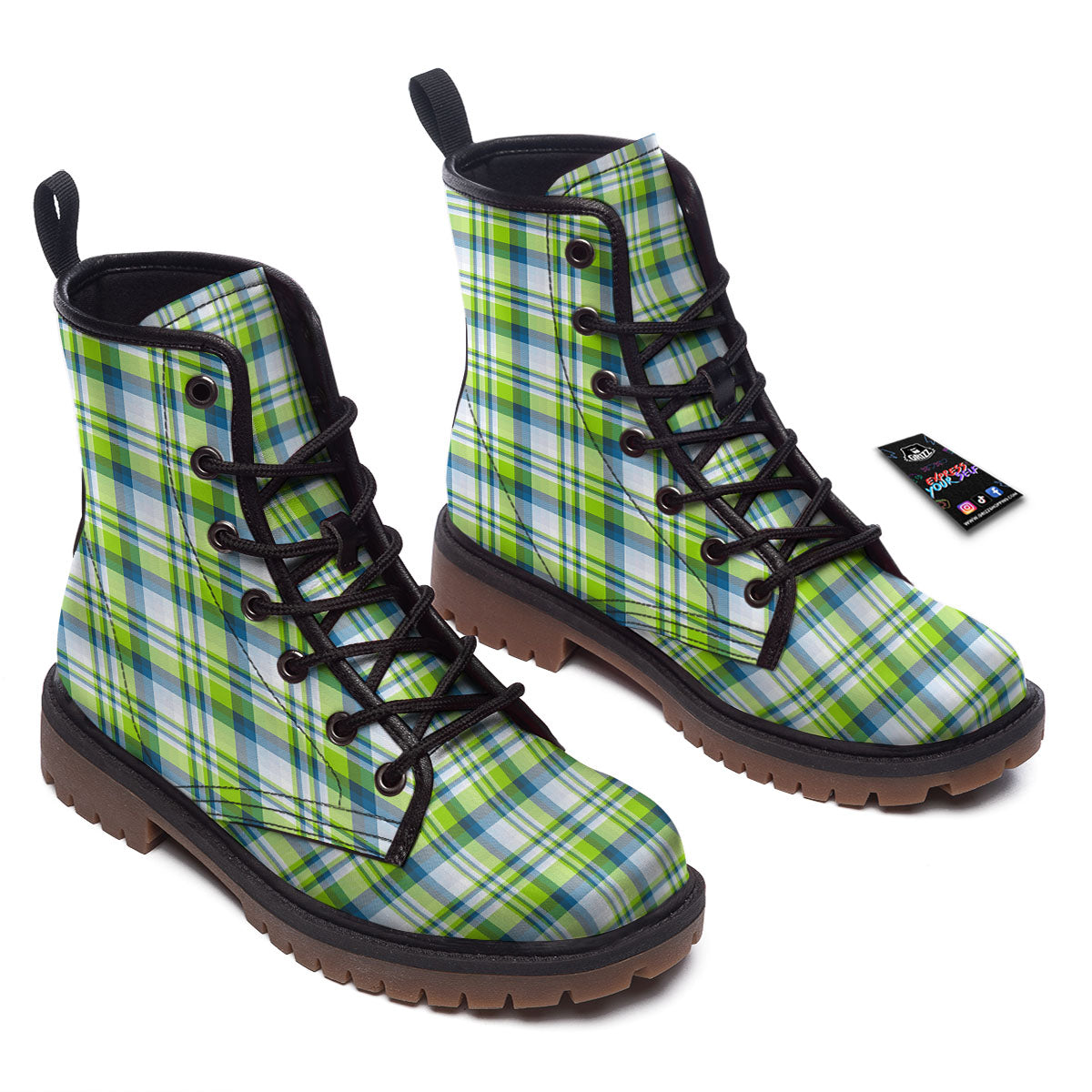 Blue Madras Plaid And Lime Print Pattern Work Boots-grizzshop