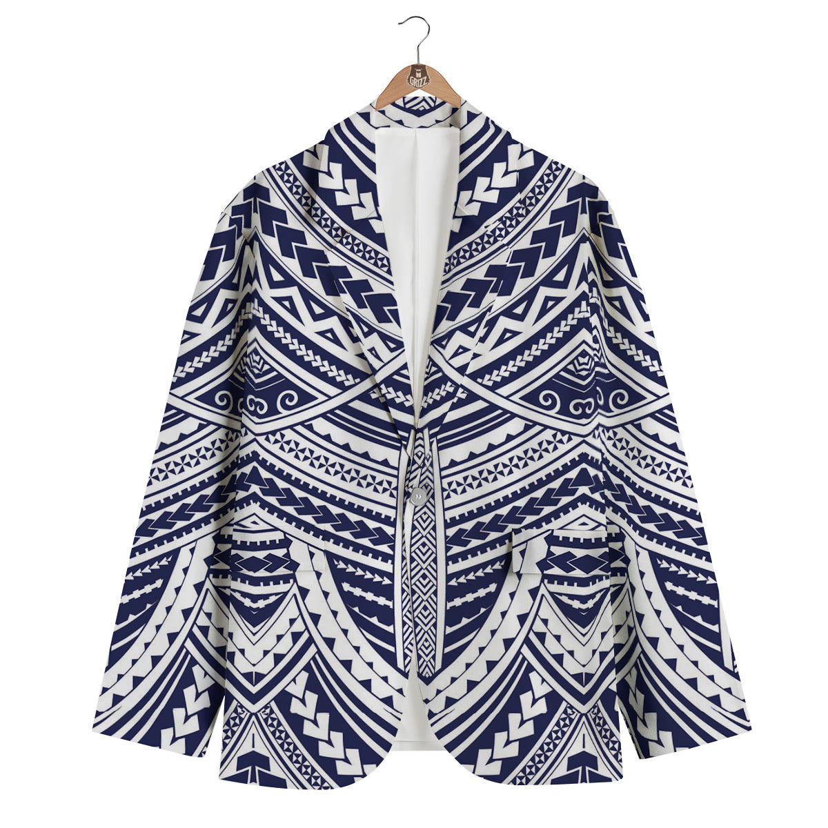 Blue Maori Pattern Print Men's Blazer-grizzshop