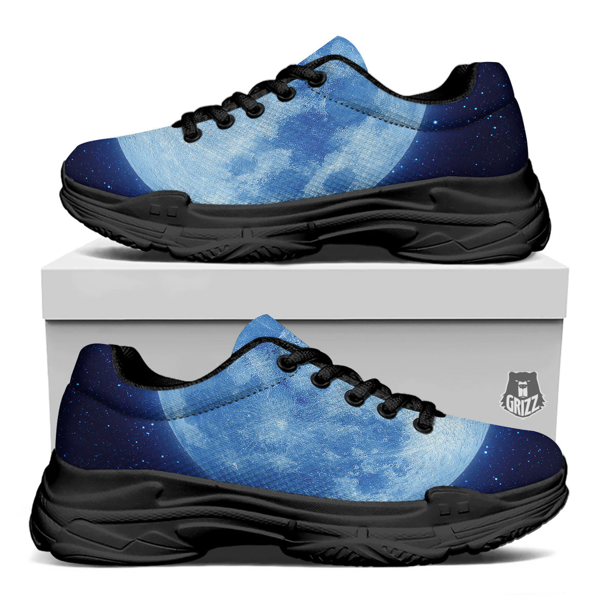 Blue Moon Print Black Chunky Shoes-grizzshop