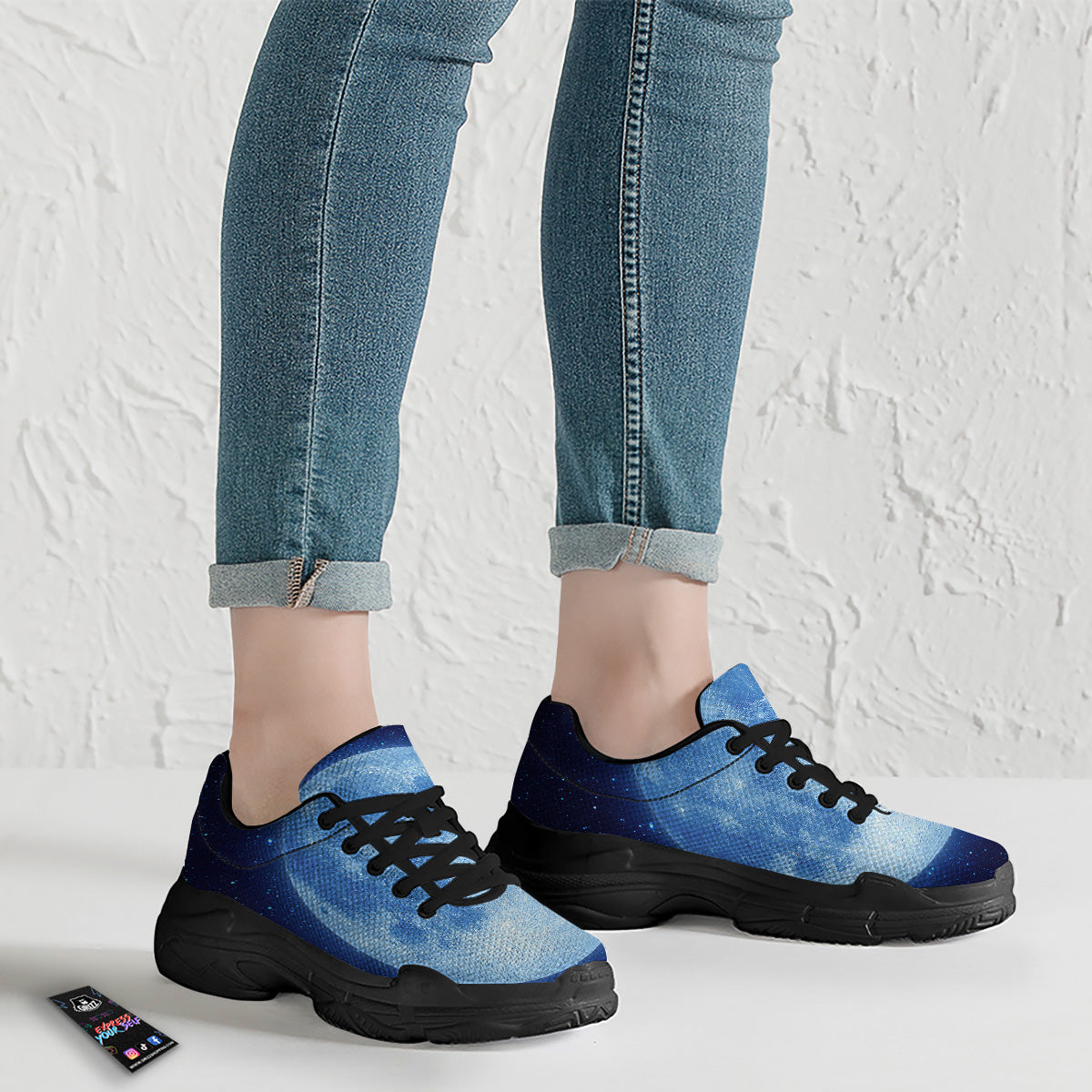 Blue Moon Print Black Chunky Shoes-grizzshop