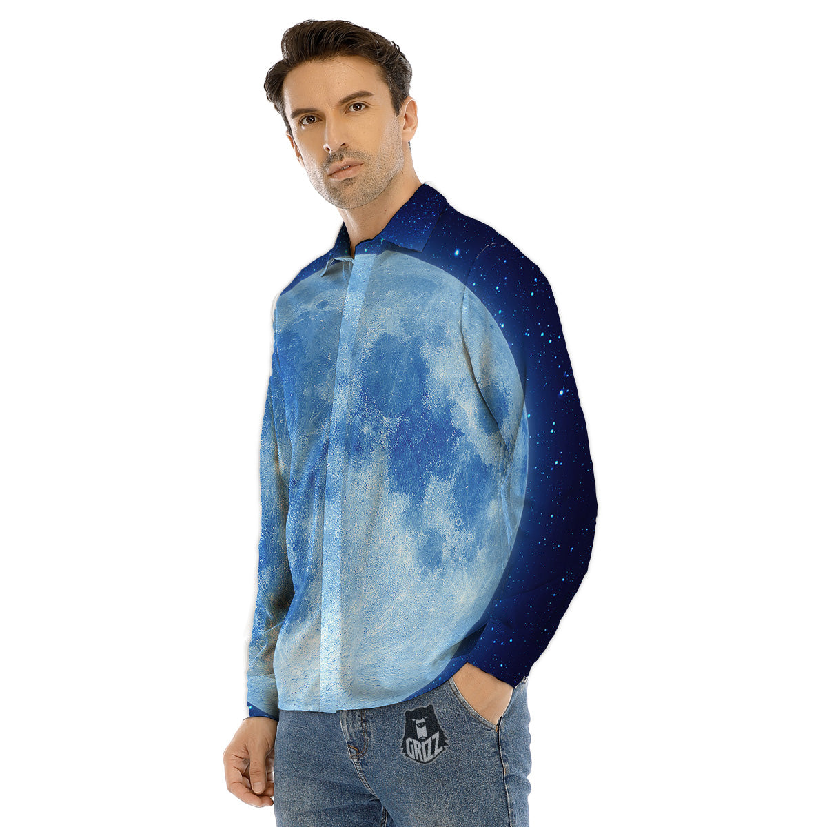 Blue Moon Print Men's Dress Shirts-grizzshop
