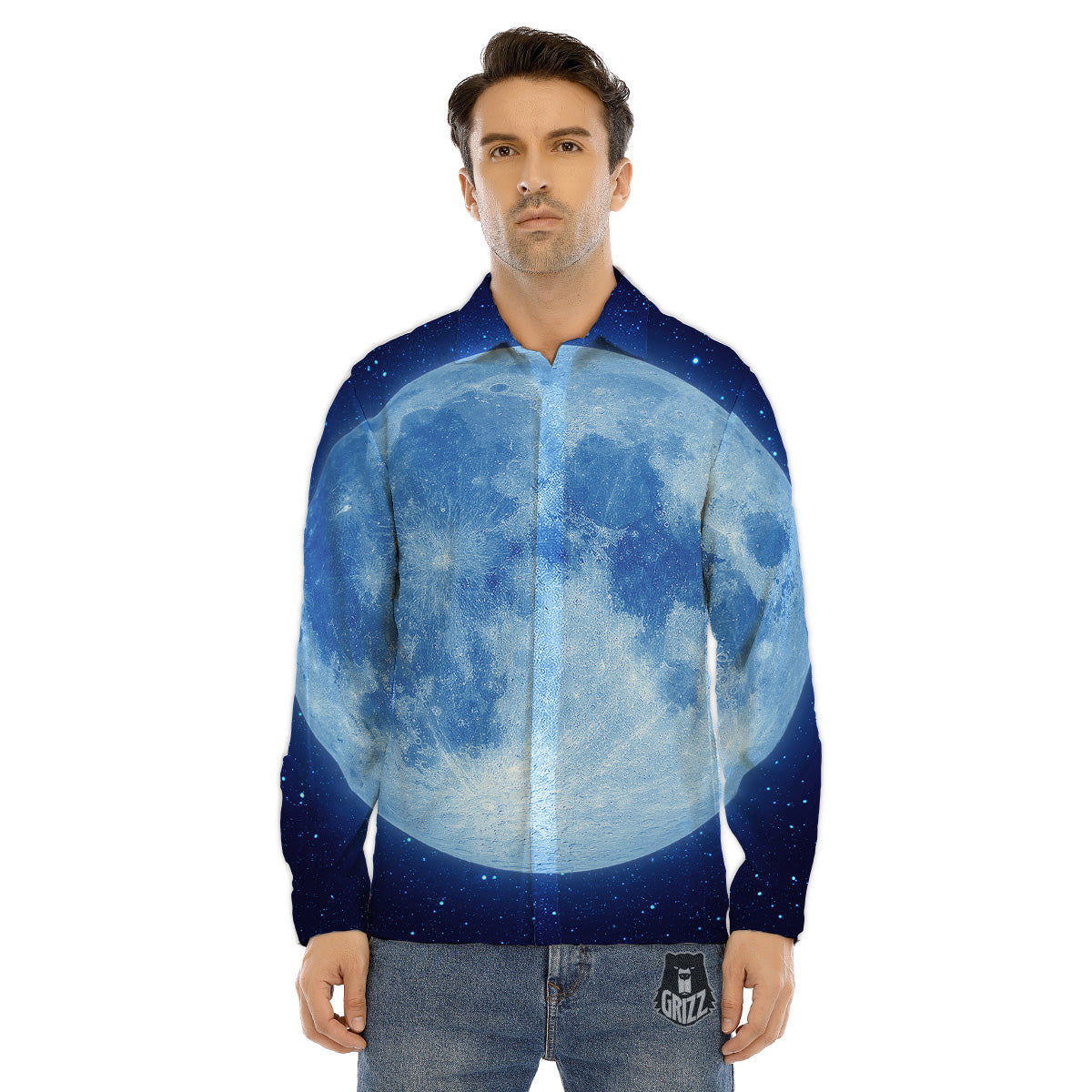 Blue Moon Print Men's Dress Shirts-grizzshop