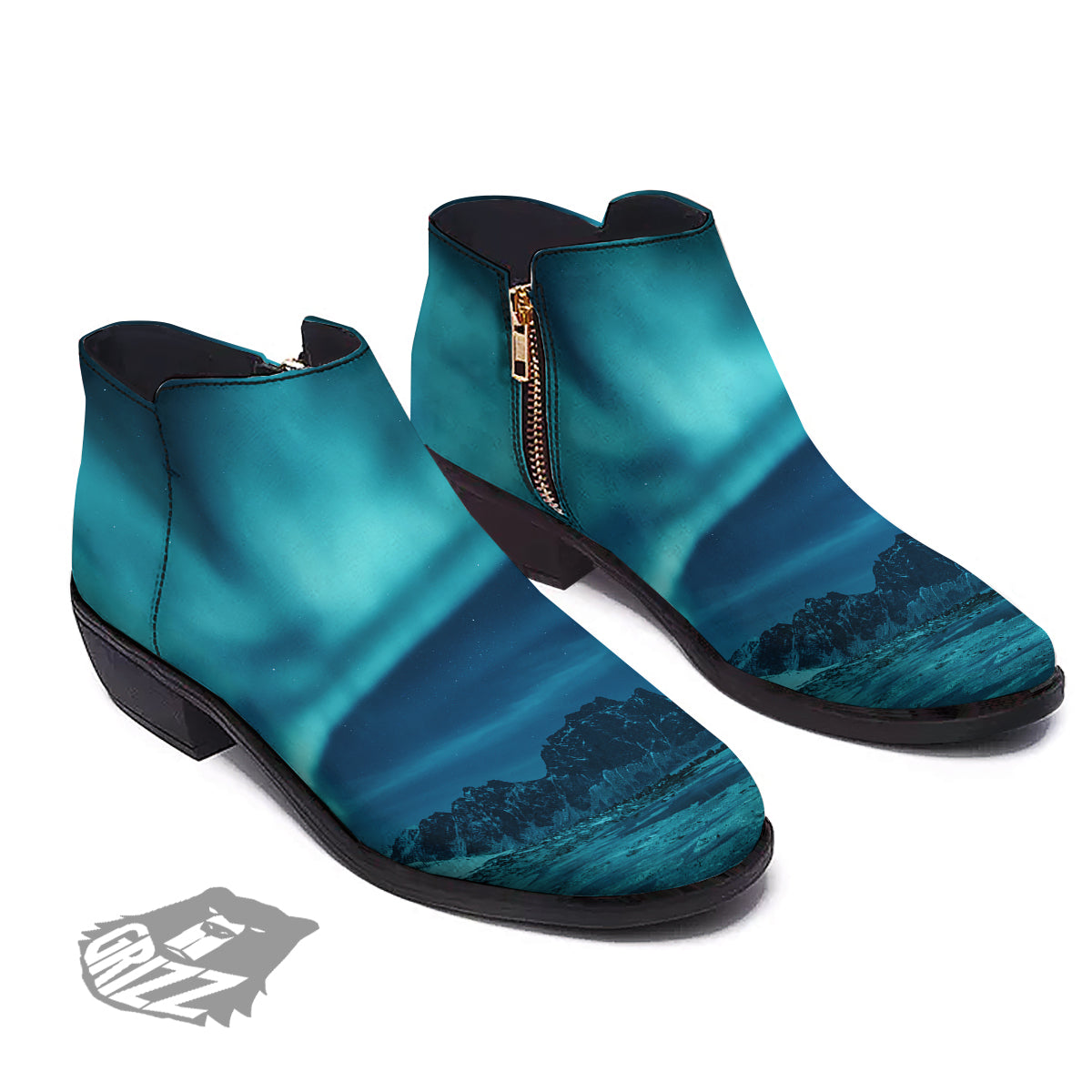 Blue Northern Lights And Mountain Print Ankle Boots-grizzshop