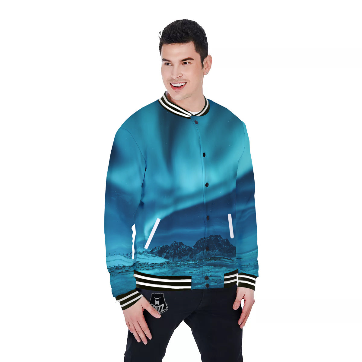 Blue Northern Lights And Mountain Print Baseball Jacket-grizzshop