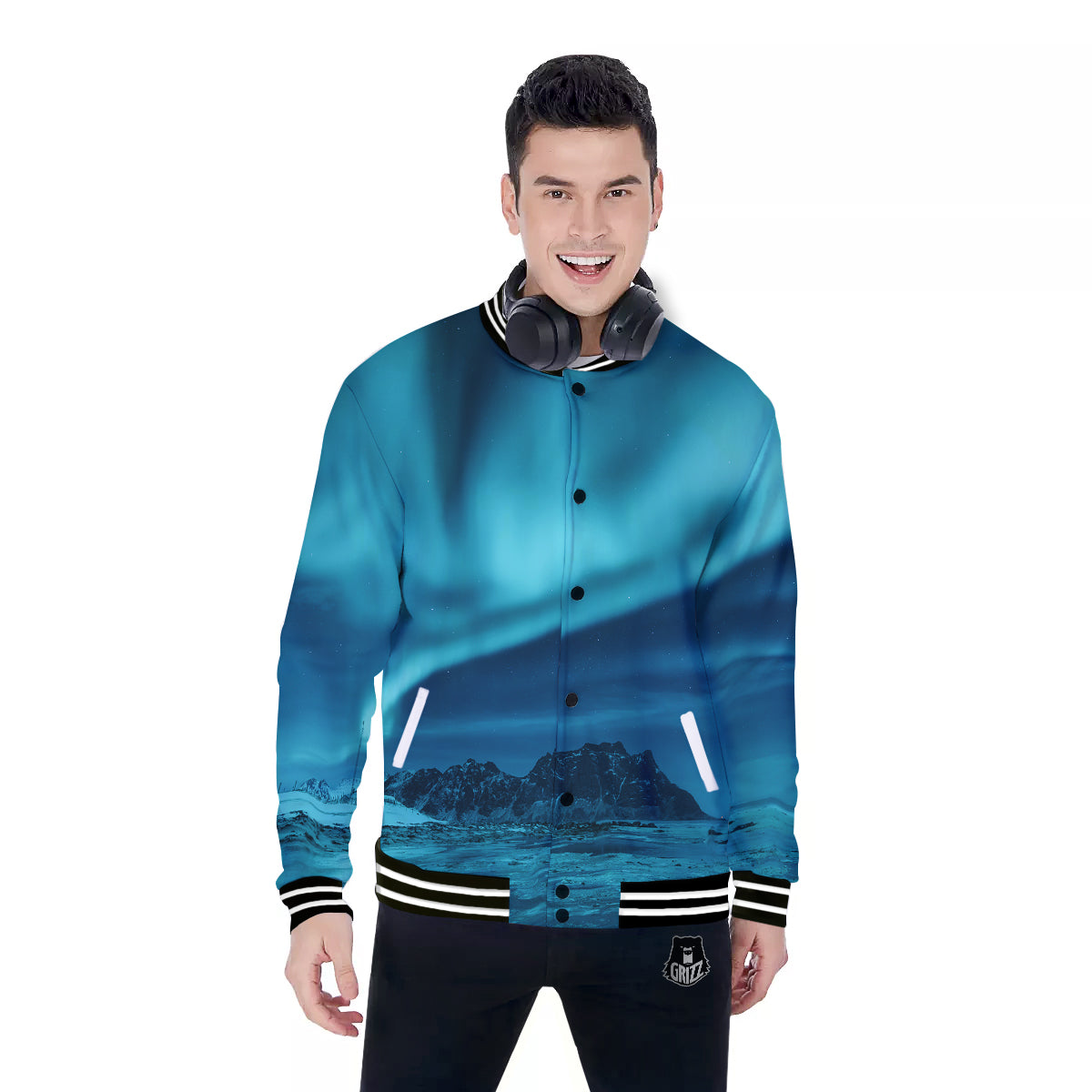 Blue Northern Lights And Mountain Print Baseball Jacket-grizzshop