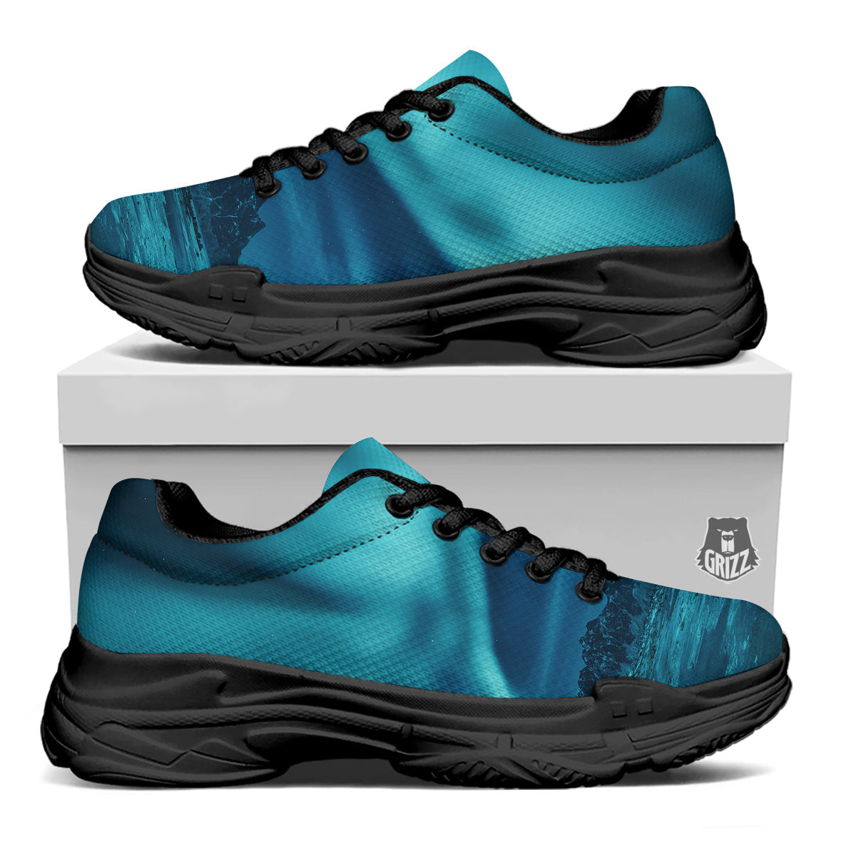 Blue Northern Lights And Mountain Print Black Chunky Shoes-grizzshop