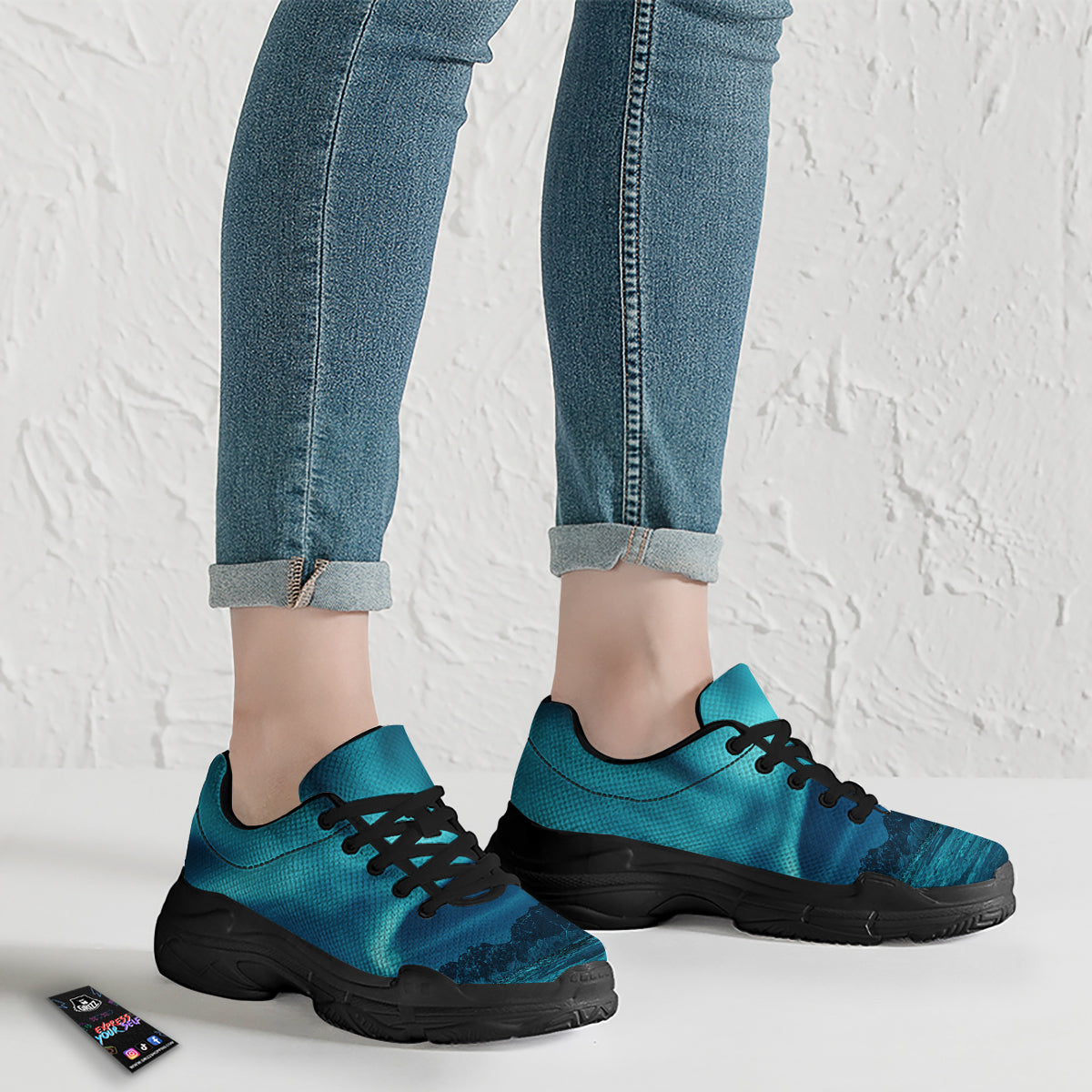 Blue Northern Lights And Mountain Print Black Chunky Shoes-grizzshop