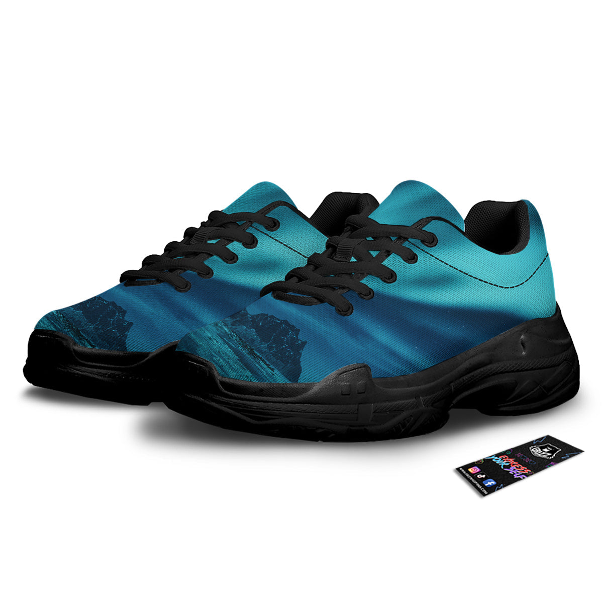 Blue Northern Lights And Mountain Print Black Chunky Shoes-grizzshop