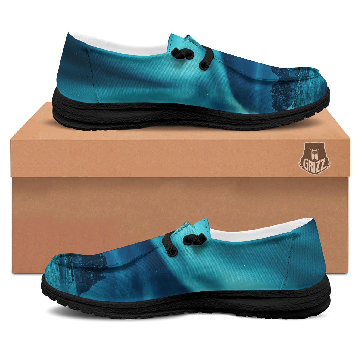 Blue Northern Lights And Mountain Print Black Loafers-grizzshop
