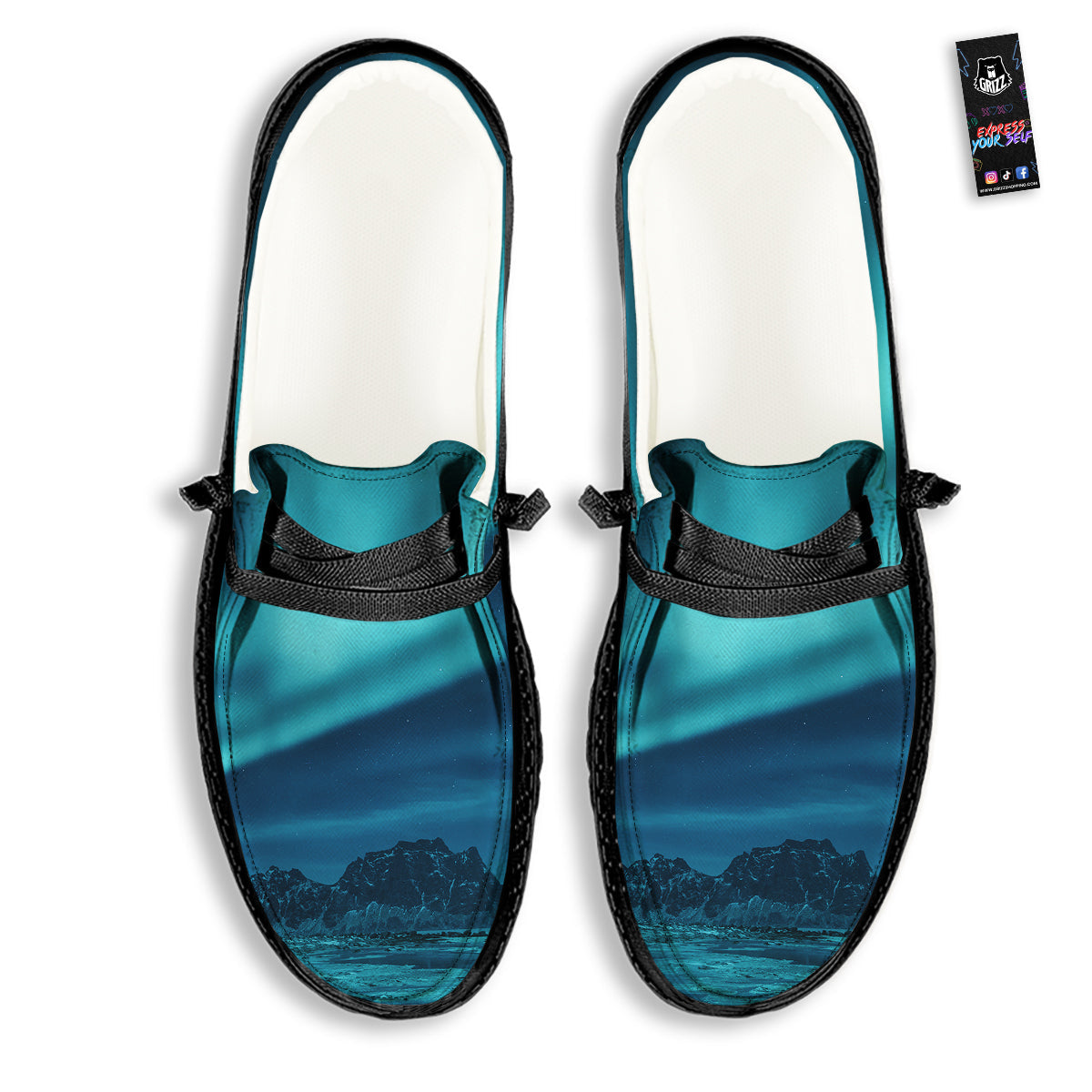Blue Northern Lights And Mountain Print Black Loafers-grizzshop