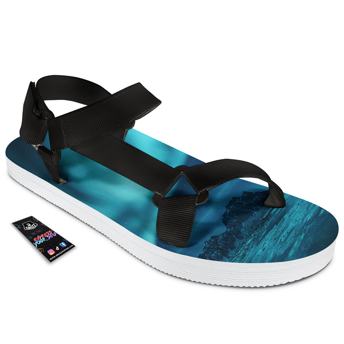 Blue Northern Lights And Mountain Print Black Open Toe Sandals-grizzshop