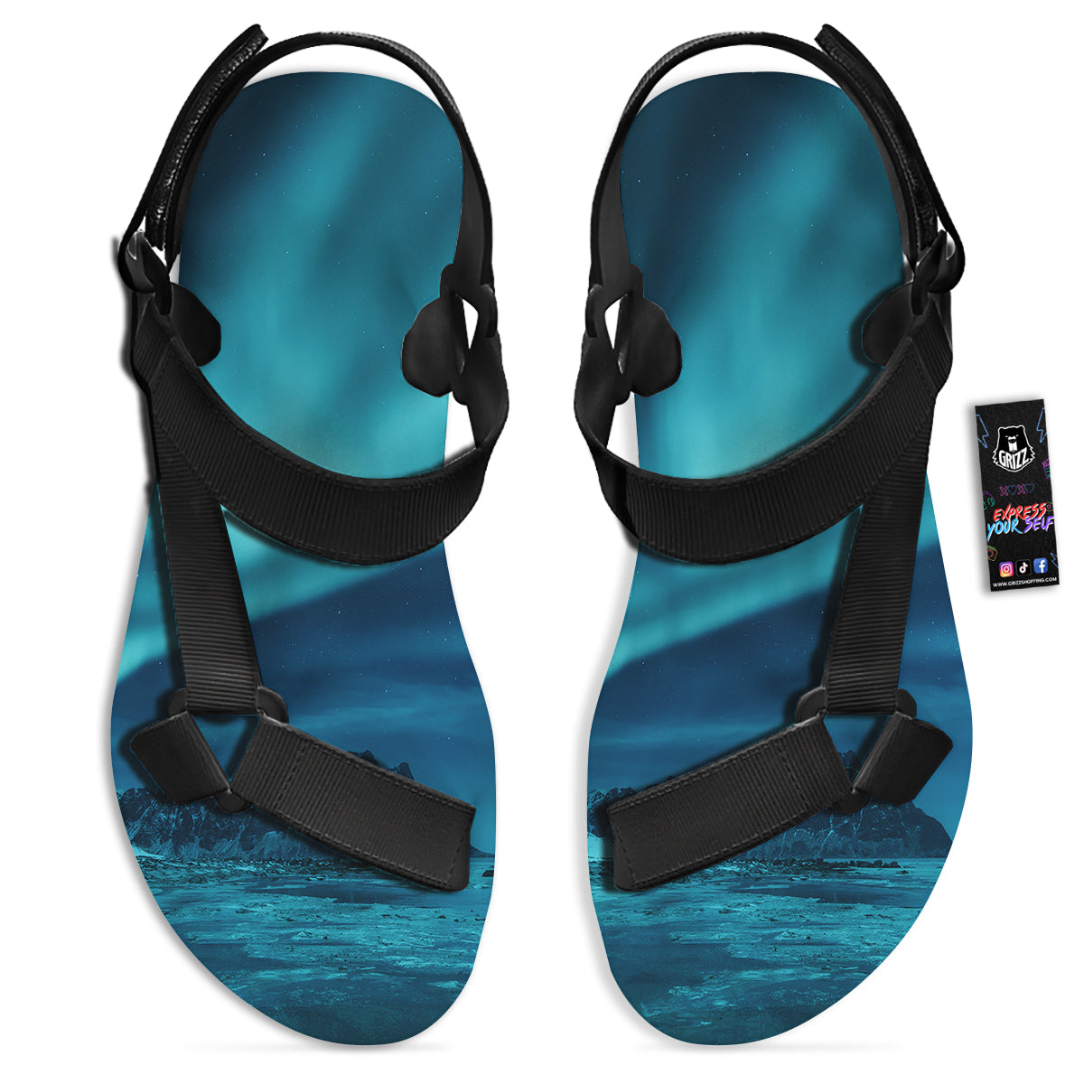 Blue Northern Lights And Mountain Print Black Open Toe Sandals-grizzshop