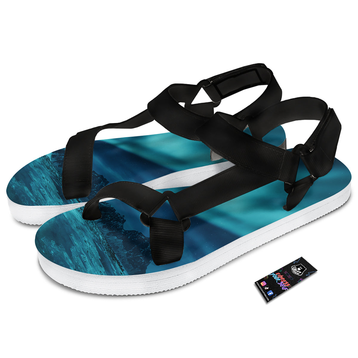Blue Northern Lights And Mountain Print Black Open Toe Sandals-grizzshop