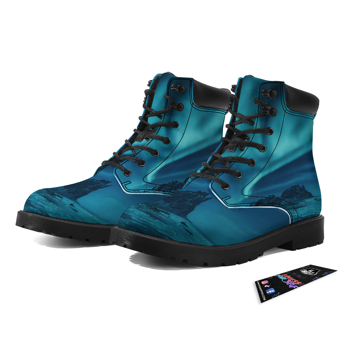 Blue Northern Lights And Mountain Print Boots-grizzshop